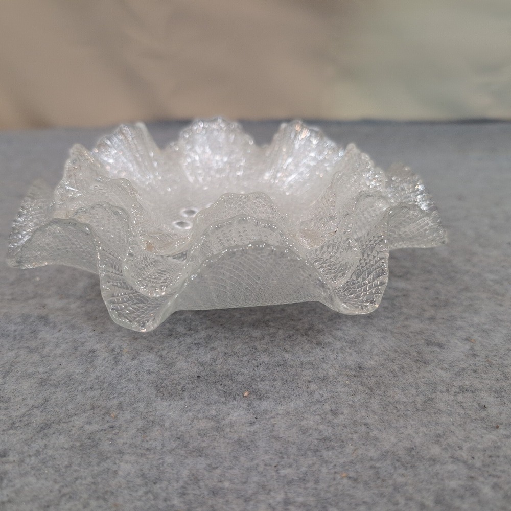 Vintage Clear Textured Ruffled Glass Bowls Set of 3 Bubble Base Trinket Dishes